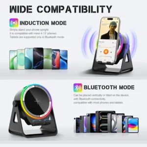 4 in 1 wireless induction speaker with rgb lights & phone stand | 360° rotating design